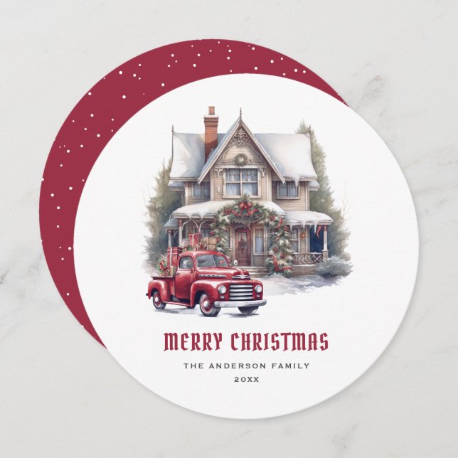 Red Truck Winter Wonderland Merry Christmas Card (Front/Back)