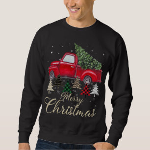 Red Truck With Buffalo Plaid And Leopard Christmas Sweatshirt