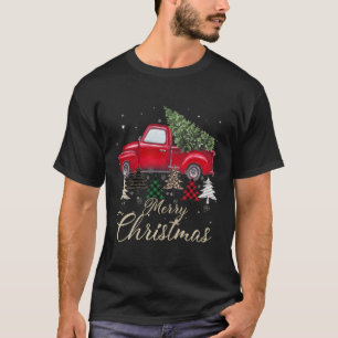 Red Truck With Buffalo Plaid And Leopard Christmas T-Shirt