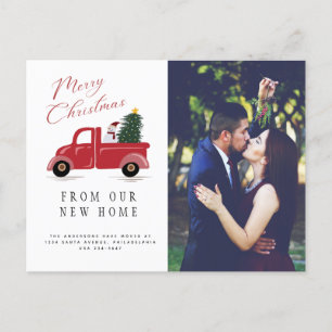 Red Truck with Christmas Tree and Snowman Moving Announcement Postcard