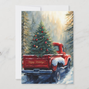 Red Truck with Christmas Tree in the Forest Holiday Card