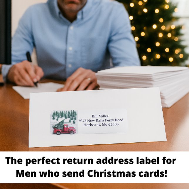  Red Truck with Christmas Tree Return Address  (Festive and masculine this vintage red truck label is perfect for men who mail holiday cheer.)