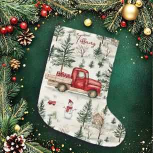 Red Truck with Gifts and Snowman Large Christmas Stocking