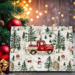 Red Truck with Gifts and Snowman Large Gift Bag
