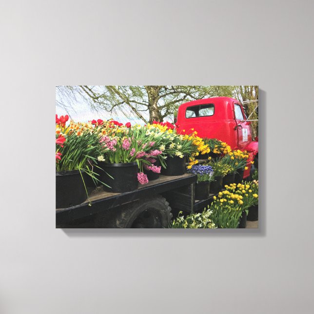 Red Truck with Spring Flowers & Rainbow Canvas Print (Front)