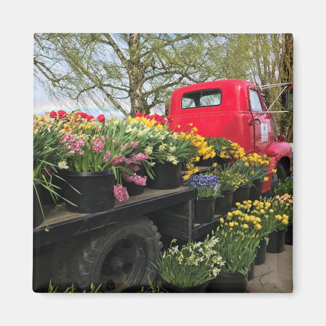 Red Truck with Spring Flowers & Rainbow Magnet (Front)