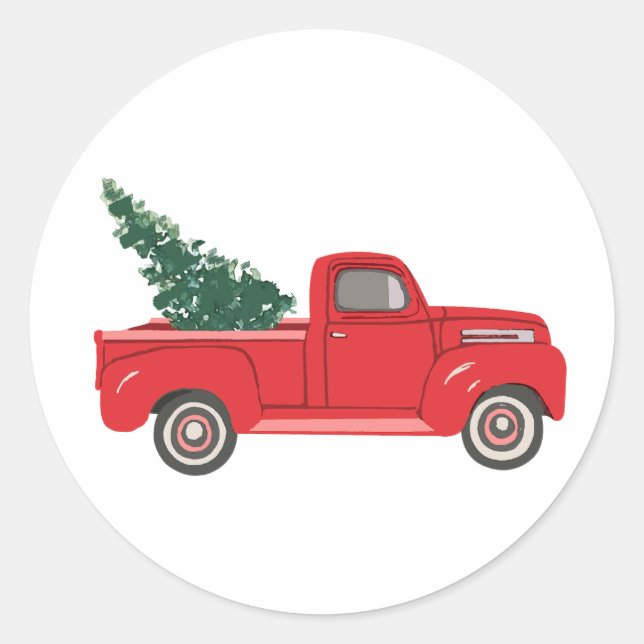 Red Truck with tree Art Painting Classic Round Sticker (Front)