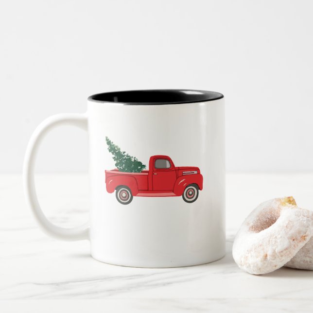 Red Truck with tree Art  Two-Tone Coffee Mug (With Donut)