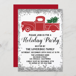 Red Truck Xmas Tree Christmas Holiday Party Silver Invitation