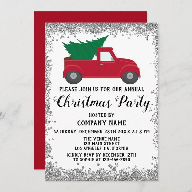 Red Truck Xmas Tree Company Christmas Party Silver Invitation (Front/Back)