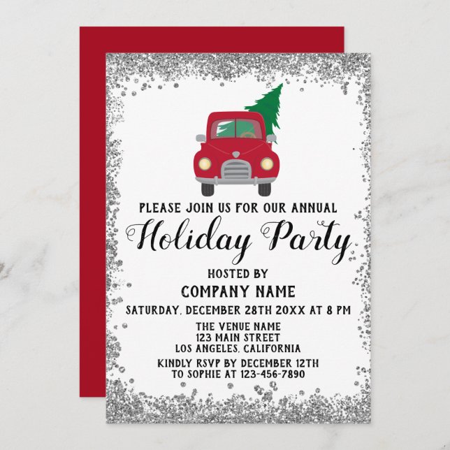 Red Truck Xmas Tree Company Holiday Party Silver Invitation (Front/Back)