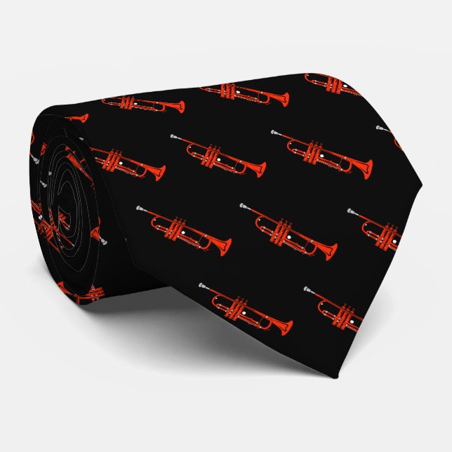 Red Trumpet Pattern on Black Tie (Rolled)