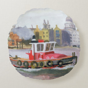 Red Tug passing St. Pauls 1996 Round Cushion