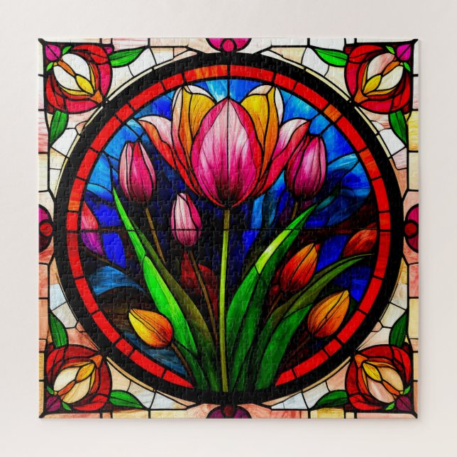Red Tulip and Colourful Floral Motifs Jigsaw Puzzle (Vertical)