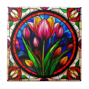 Red Tulip and Colourful Floral Motifs Tile