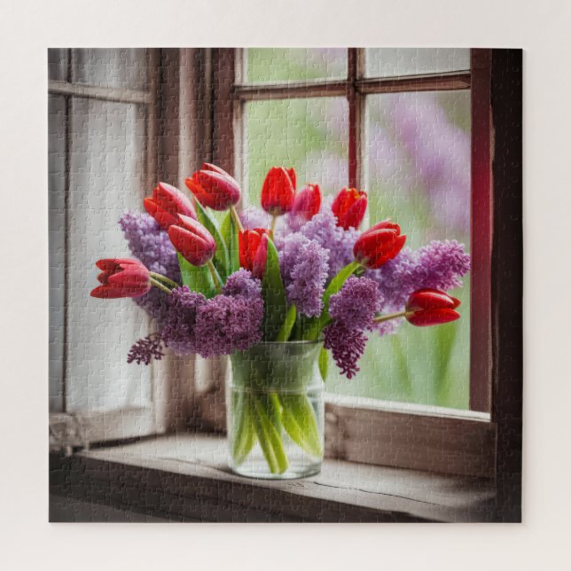 Red Tulip and Lilac Bouquet Jigsaw Puzzle (Vertical)