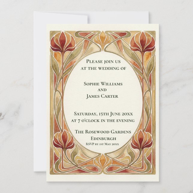 Red Tulip Art Nouveau Wedding Invitation (Front)