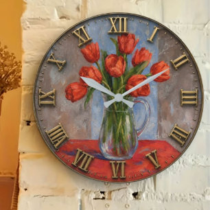 Red Tulip Bouquet Floral Still Life Vintage Large Clock