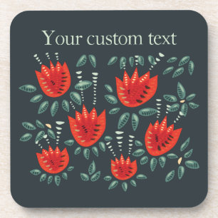 Red Tulip Dark Floral Pattern Custom Text Coaster