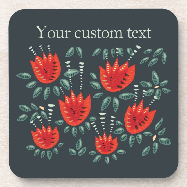 Red Tulip Dark Floral Pattern Custom Text Coaster (Front)