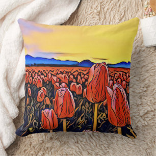 Red Tulip Field Painting Throw Pillow