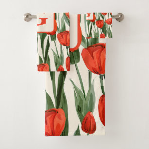 Red tulip field pattern personalised monogram bath towel set