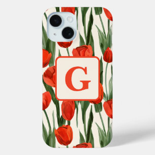 Red tulip field pattern personalised monogram iPhone 15 case