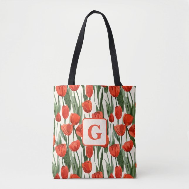 Red tulip field pattern personalised monogram  tote bag (Front)