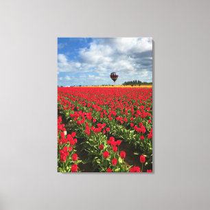 Red Tulip Field with Hot Air Balloon Canvas Print