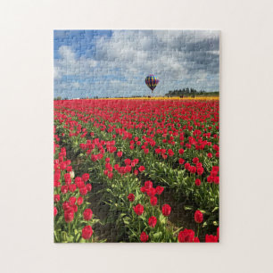 Red Tulip Field with Hot Air Balloon Jigsaw Puzzle