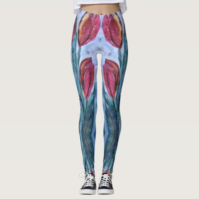 Red Tulip Floral Leggings (Front)