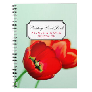 Red tulip floral mint bokeh wedding guestbook spiral notebook