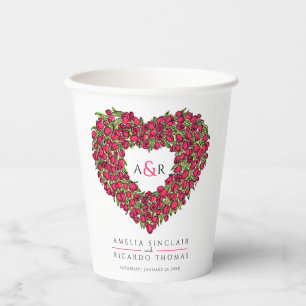 Red tulip flower bouquet art monogram wedding paper cups