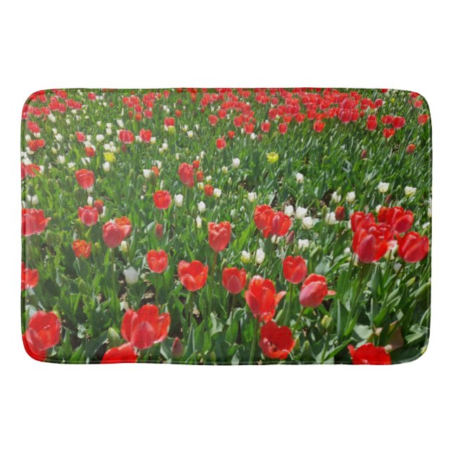 Red Tulip Flower Field Nature Photography Bath Mat (Front)