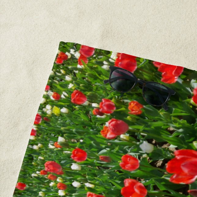 Red Tulip Flower Field Nature Photography Beach Towel (In Situ)