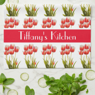 Red Tulip Flower Personalised Floral Tea Towel