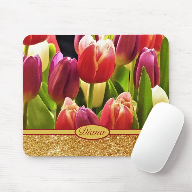 Red Tulip Flowers Gold Sparkles Floral Name Mouse Pad (With Mouse)