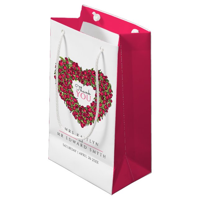 Red tulip heart art thank you wedding favour small gift bag (Front Angled)