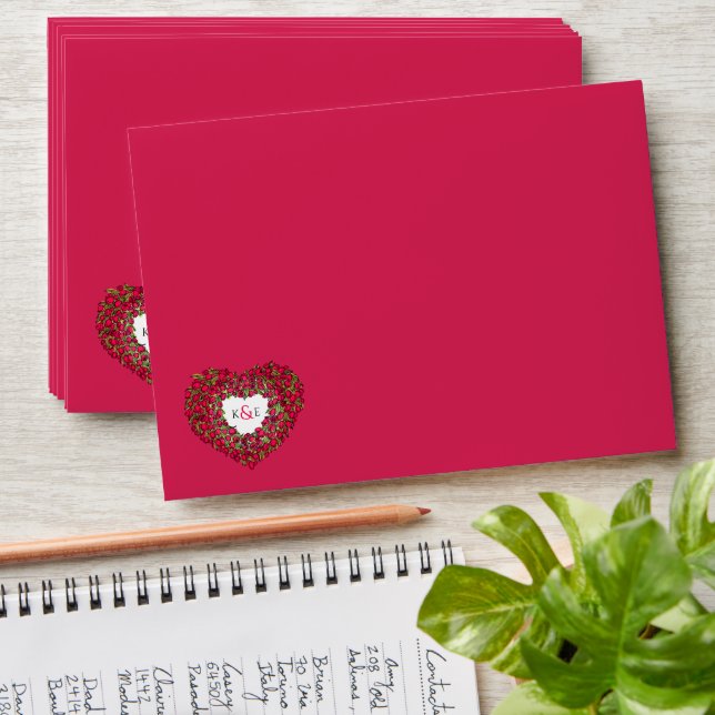 Red tulip heart drawing monogram wedding envelope (Stacked)