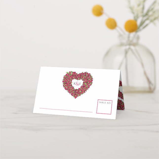 Red tulip heart drawing monogram wedding place card (Front)