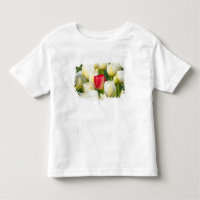 Red tulip in a field of white tulips