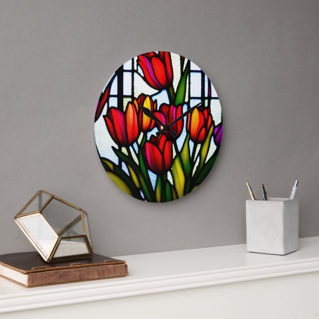 Red Tulip Leadlight, Large Clock (Office)