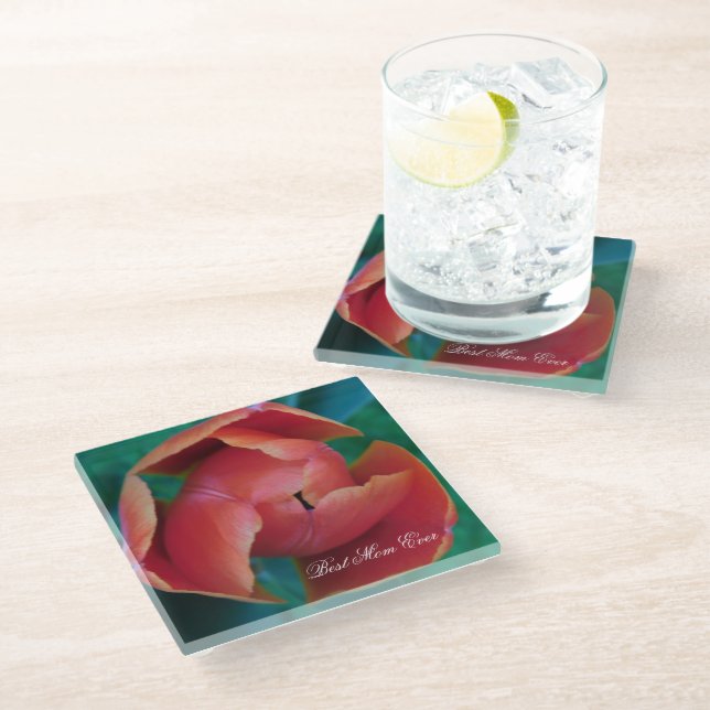 Red Tulip Macro Photo Personalised Coaster (Angled)
