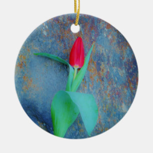 Red Tulip on Blue Grey Slate Ceramic Tree Decoration