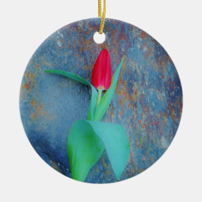 Red Tulip on Blue Grey Slate Ceramic Tree Decoration (Front)