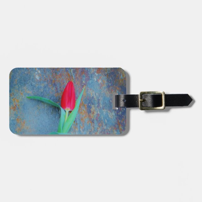 Red Tulip on Blue Grey Slate Luggage Tag (Front Horizontal)