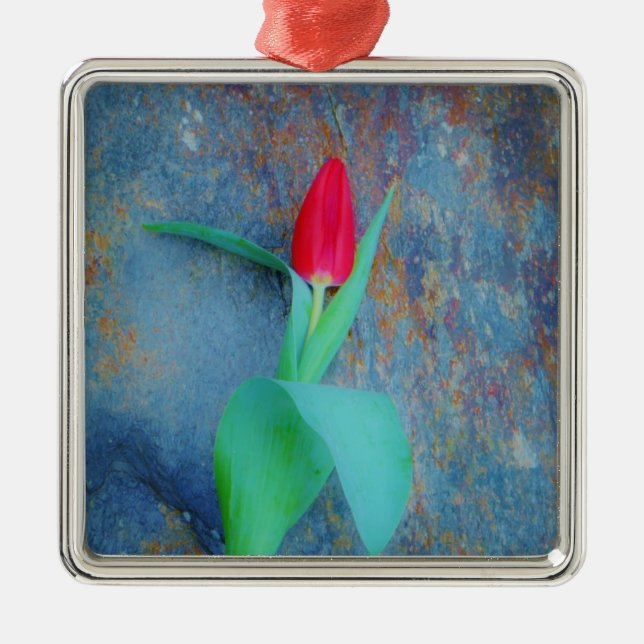 Red Tulip on Blue Grey Slate Metal Tree Decoration (Front)