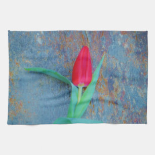 Red Tulip on Blue Grey Slate Tea Towel