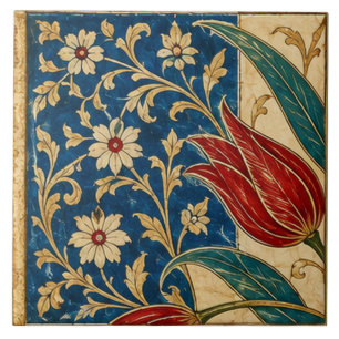 Red Tulip on Cobalt Blue Floral Art Tile
