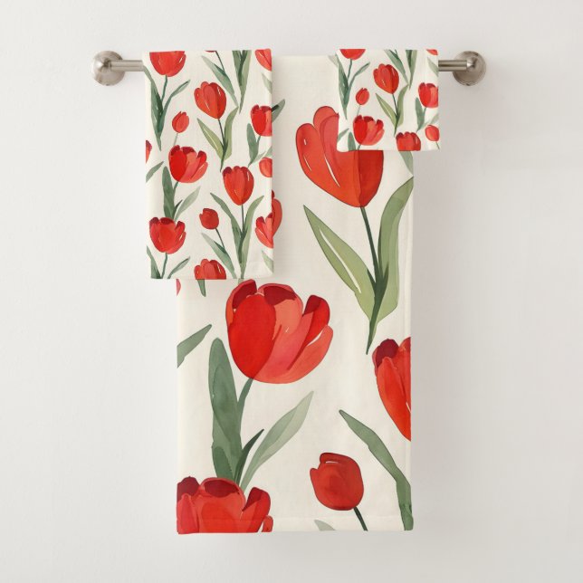 Red tulip pattern bath towel set (Insitu)